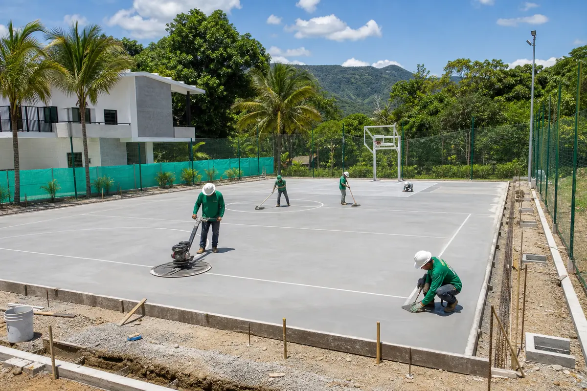 Cancha en concreto en proceso de construcción